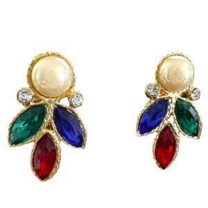 Vintage 80's Multicolor Rhinestone Pearl Costume Earrings Runway Glam Fashion